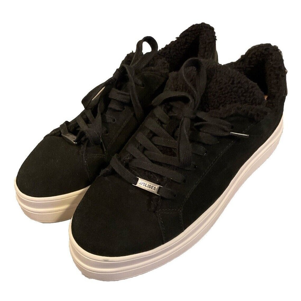 J/Slides Women's Sz 7.5 Suede Leather Platform Sneaker Black White. LSHE173